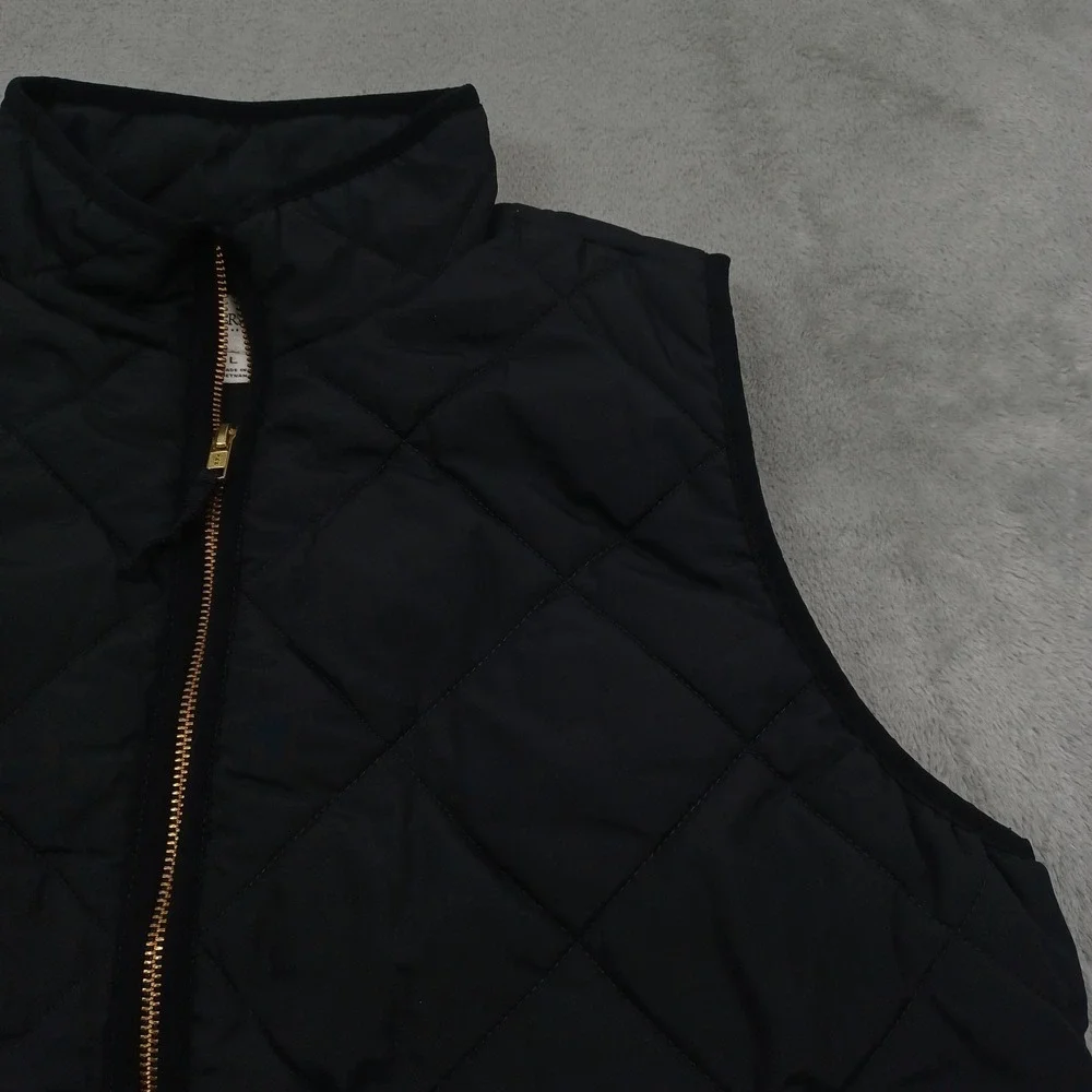 J Crew Vest Womens Large Black‎ Quilted Pockets Full Zip Casual Preppy
